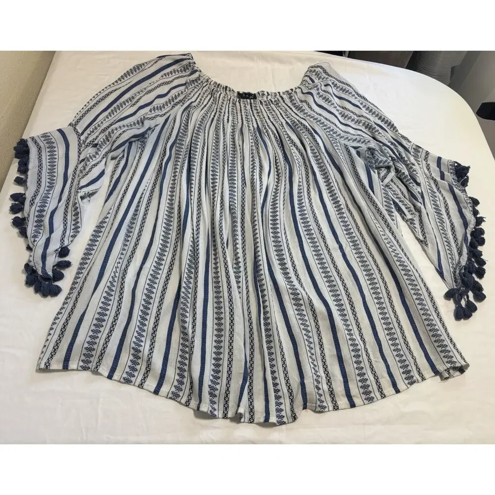 Striped Over the Shoulder Blouse Top Cover Up Coastal Boho Beach Plus Size 3X - Picture 3 of 8